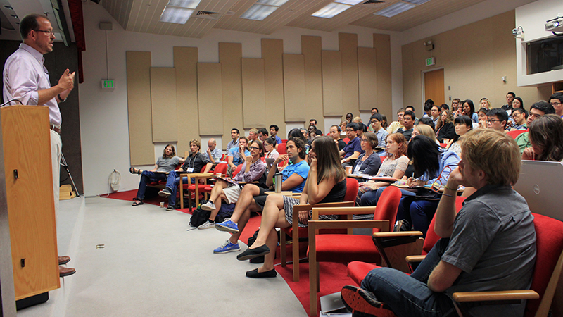 Students listening to a lecture in the Main Seminar Room at NCAR